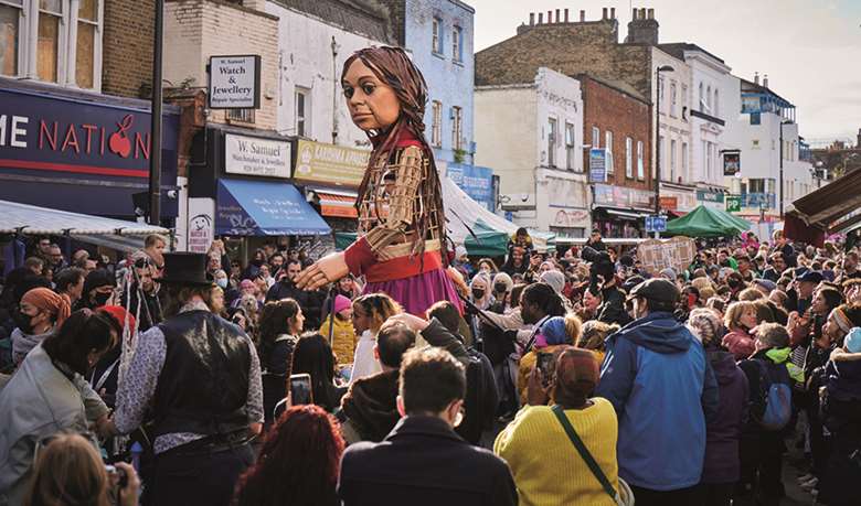 The refugee puppet Little Amal was carried 8,000km from Syria to Manchester in 2021 PHOTO Good Chance Theatre
